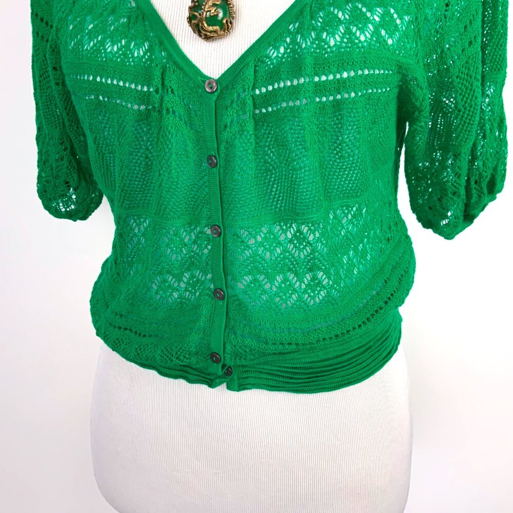 Free People Green Open Knit Short Sleeve Crop Top V-Neck Sz L - Picture 14 of 16